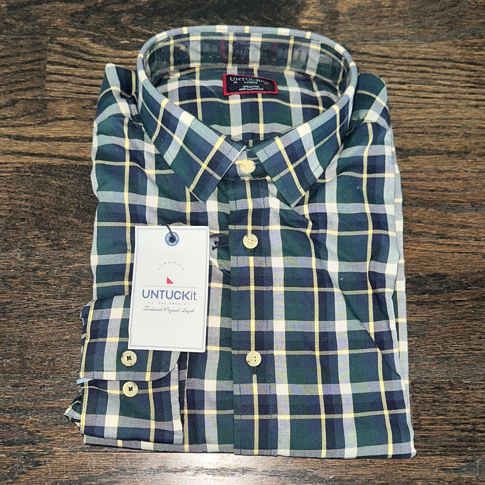 UNTUCKit Navy and Green Plaid Button Down Shirt
